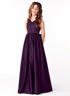 Azazie Hathaway Junior Abito A-Line in Raso Elasticizzato Fiocco Uva image3