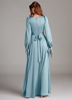 Azazie Leonia Bridesmaid Dresses Moody Blue A-Line Long Sleeve Stretch Satin Dress image2