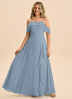 Azazie Junia Junior Robe Trapèze en Mousseline de soie Épaule décolletée Bleu Poussiéreux image5
