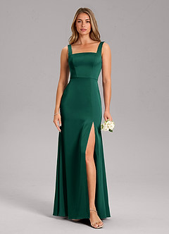Azazie Frostine Bridesmaid Dresses Emerald A-Line Bow Stretch Satin Dress image3