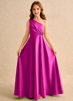 Azazie Puddles Girls Formal Blumenmädchenkleider A-Linie One-Shoulder Matte Satin Kleid Fuchsia image5