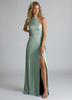 Azazie Clarice Kleider zum Anprobieren zu Hause Eine Linie Hoher Kragen Stretch-Satin Kleid Agave image5