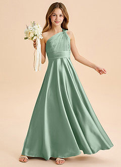 Azazie Charlize Junior A라인 주름진 스트레치 새틴 플로어 길이 주니어 신부 들러리 드레스 image1