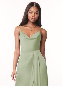 Azazie Brielle Robes de demoiselle d'honneur Robe Trapèze en Satin extensible Bretelles spaghetti Vert Sauge image4