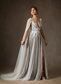 Azazie Goddess Wedding Dresses Diamond White Cocoa A-Line V-Neck Sequins Tulle Dress image5