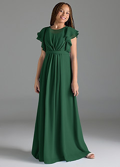 Azazie Daphne Junior Abito A-Line in Chiffon Plissettato Verde Scuro image4