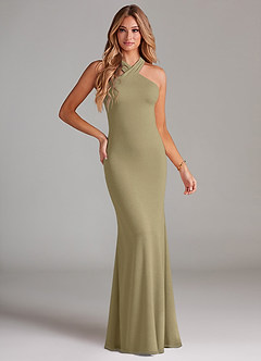Azazie Doretta Vestidos de damas de honor Vestido de Musgo Verde de Gasa de Corte Sirena con Plisado image1