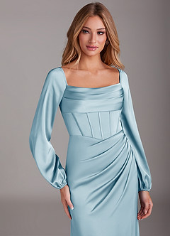 Azazie Charissa Robes de demoiselle d'honneur Robe Fourreau en Satin extensible Manche longue Bleu Ciel image7