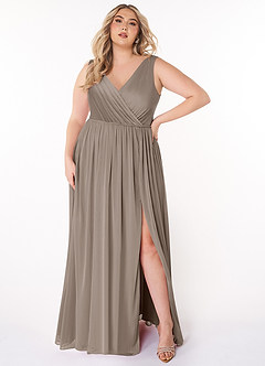 Azazie Tanicia Bridesmaid Dresses Taupe A-Line V-Neck Pleated Mesh Dress image5