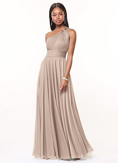 Azazie Charlize Bridesmaid Dresses Taupe A-Line One Shoulder Mesh Dress image1