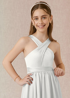 Azazie Jiya Junior White A-Line Pleated Stretch Satin Dress image4
