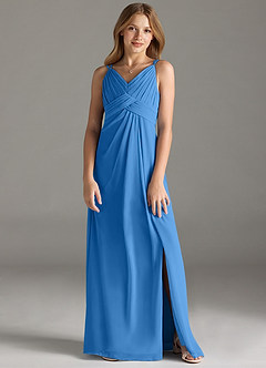 Azazie Maren Allure Junior Robe Trapèze en Mousseline de soie Dentelle Geai Bleu image1