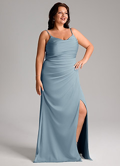 Azazie Deandra Bridesmaid Dresses Dusty Blue Mermaid Pleated Stretch Satin Dress image10