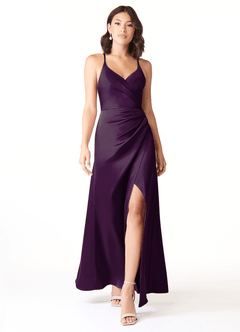 Azazie Geanna Bridesmaid Dresses Grape Sheath V-Neck Pleated Stretch Satin Dress image1