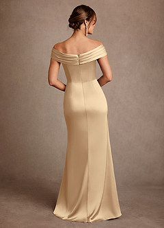 Azazie Bedford Mother of the Bride Dresses Champagne Sheath Pleated Stretch Satin Dress image3