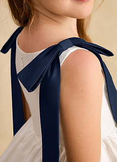 Azazie Stacie Jurken voor bloemenmeisjes A-Lijn Jurk van Mat Satijn Boog Ivoor Donker Marineblauw image7