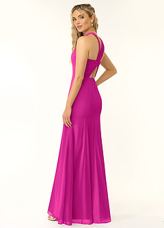 Azazie Rue Vestidos de damas de honor Vestido de Fucsia de Gasa de Corte en A con Halter image4