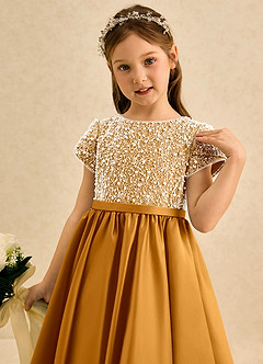 Azazie Cashew Flower Girl Dresses Butterscotch Ball-Gown with Sleeves Matte Satin Dress image6