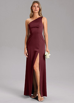 Azazie Feby Vestidos de damas de honor Vestido de Cabernet de Satén Elástico de Corte en A con Hombro unilateral image3