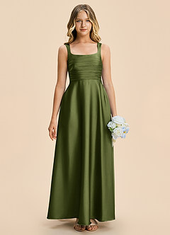 Azazie Azaria Junior Olive A-Line Pleated Stretch Satin Dress image3