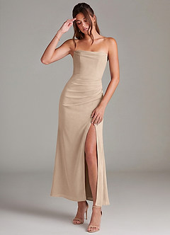 Azazie Leonis 신부 들러리 드레스 인어 스트랩리스 쉬폰 발목 길이 드레스 image1