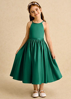 Azazie Indi vestidos de niña de las flores Vestido de Esmeralda de Satin Mate de Corte En A con Lazo image5