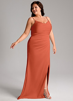 Azazie Deandra Bridesmaid Dresses Rust Mermaid Pleated Stretch Satin Dress image11