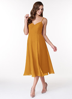 Azazie Clarissa Bridesmaid Dresses Butterscotch A-Line V-Neck Chiffon Dress image4