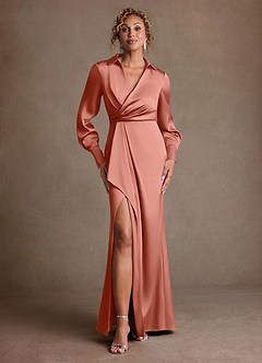 Azazie Jacinta Mère de la mariée Robes Robe Fourreau en Satin extensible Plissée Rose Saumon image1