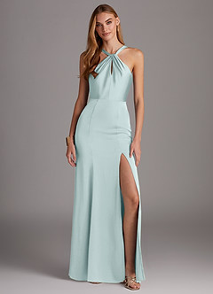 Azazie Elana Bridesmaid Dresses Mist Sheath Side Slit Stretch Satin Dress image1