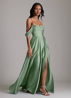 Azazie Loisa Bridesmaid Dresses Matcha A-Line Off the Shoulder Stretch Satin Dress image6