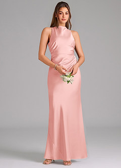 Azazie Evadne 신부 들러리 드레스 쉬스 주름진 스트레치 새틴 바닥 길이 드레스 image6