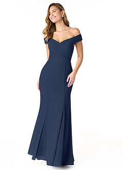 Azazie Lecia Bridesmaid Dresses Dark Navy Empire Off-The-Shoulder Pleated Chiffon Convertible Dress image1