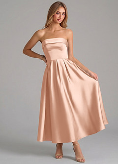 Azazie Lucienne Vestidos de madrinha de casamento Vestido Rosa Ouro de Cetim elástico de Linha A com Plissado image5