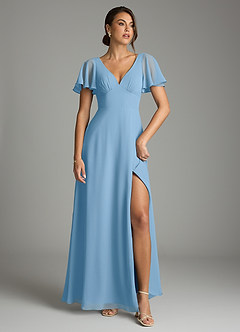 Azazie Kimber Vestidos de damas de honor Vestido de Azul Acero de Gasa de Corte en A con Manga volante image2