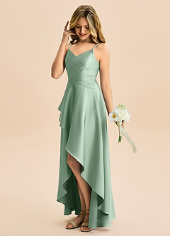 Azazie Eirlys Junior Vestido Agave de Cetim elástico de Linha A com Plissado image3