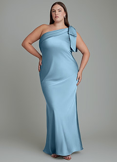 Azazie Yuanna Bridesmaid Dresses Steel Blue Mermaid One Shoulder Stretch Satin Dress image8