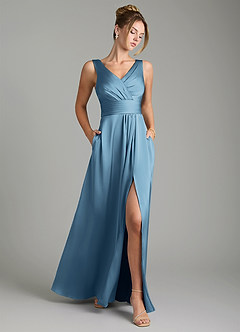 Azazie Karina Robes de demoiselle d'honneur Robe Trapèze en Satin extensible Plissée Acier Bleuté image1