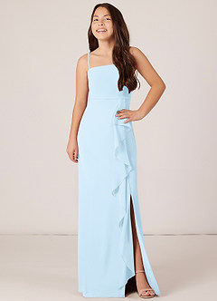 Azazie Kaylee Junior Sky Blue A-Line with Belt Chiffon Dress image4