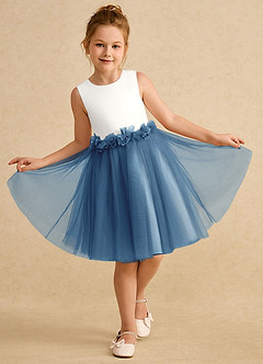 Azazie Louisa Flower Girl Dresses Ivory Steel Blue A-Line Sleeveless Tulle Dress image4