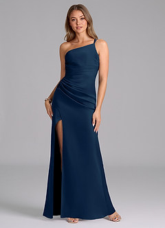 Azazie Eren Bridesmaid Dresses Dark Navy Mermaid One Shoulder Stretch Satin Dress image1