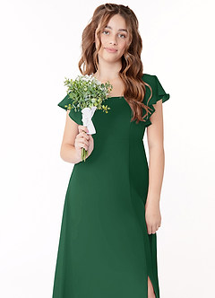 Azazie Bondi Junior Dark Green A-Line Bow Chiffon Dress image4