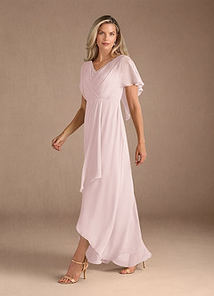 Azazie Eliza Mère de la mariée Robes Robe Trapèze en Mousseline de soie Col V plissé Rose Pâle image4