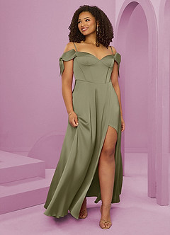 Barbie ♥ Azazie Bridesmaid Dresses Pistachio A-Line Off the Shoulder Stretch Satin Dress image10