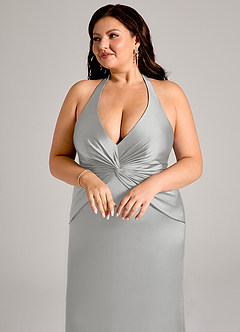 Azazie Valerie Vestidos de damas de honor Vestido de Plata de Satén Elástico de Corte Sirena con Plisado image13