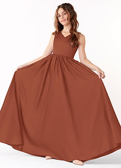 Azazie Hathaway Junior Auburn A-Line Bow Matte Satin Dress image1