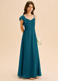 Azazie Kelsea Junior Vestido de Azul Tinta de Gasa de Corte en A con Volante image5