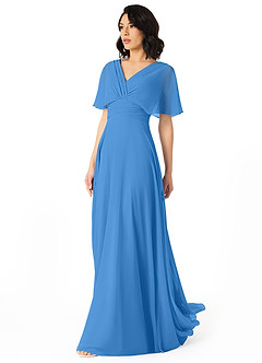 Azazie Pamela Vestidos de damas de honor Vestido de Azul Grisaceo de Gasa de Corte en A con Cuello en V plisado image3