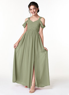 Azazie Lianne Junior Pistachio A-Line Off the Shoulder Chiffon Dress image1