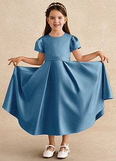 Azazie Princess vestidos de niña de las flores Vestido de Azul Acero de Satin Mate de Corte En A con Plisado image3